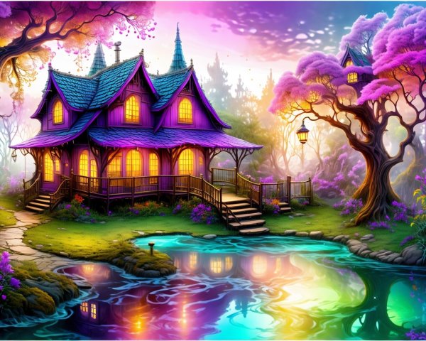 Whimsical Cottage Amidst Vibrant Trees and Pond