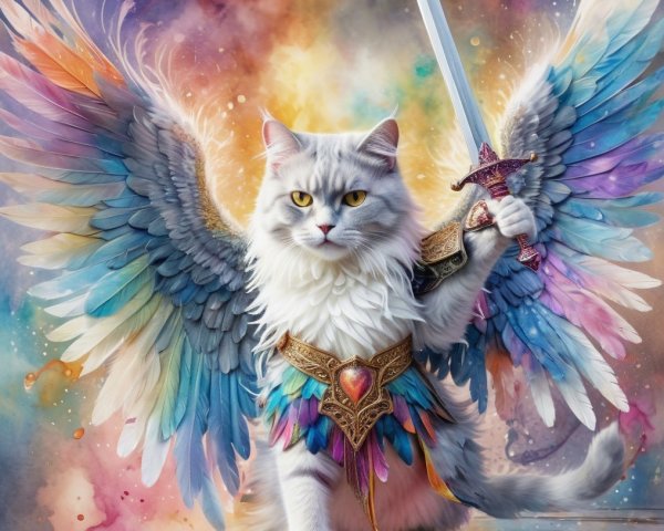 Majestic Cat with Colorful Wings and Armor