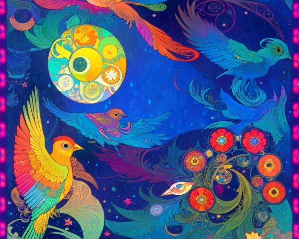 Colorful Artwork of Whimsical Birds and Floral Patterns