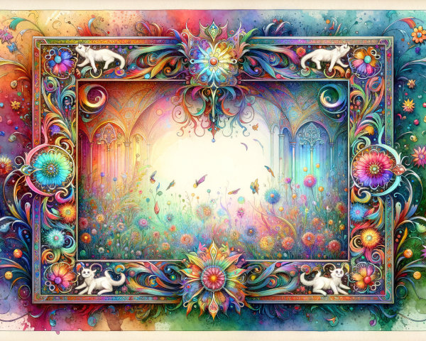 Vibrant Illustration of Floral Patterns and Dreamlike Landscape