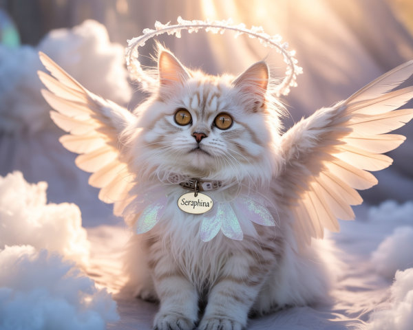 Fluffy Cat with Golden Eyes and Angelic Wings
