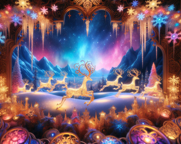 Magical Winter Wonderland with Golden Reindeer and Auroras
