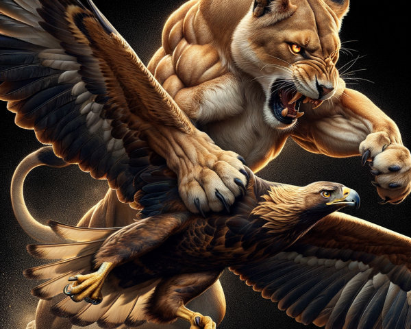 Lioness and Eagle in Intense Battle Scene