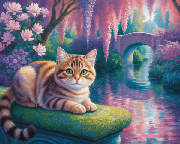 Orange Tabby Cat by a Serene Pond with Flowers