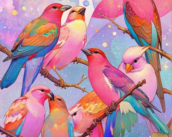 Colorful Birds on Branches with Pastel Background