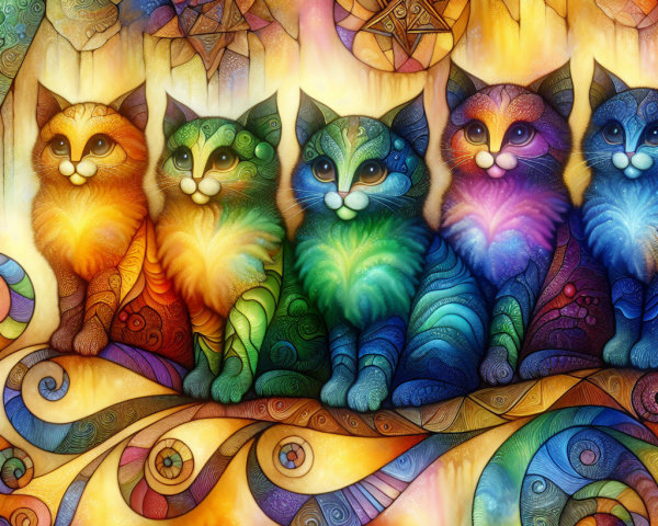 Vibrant Illustration of Whimsical Colorful Cats