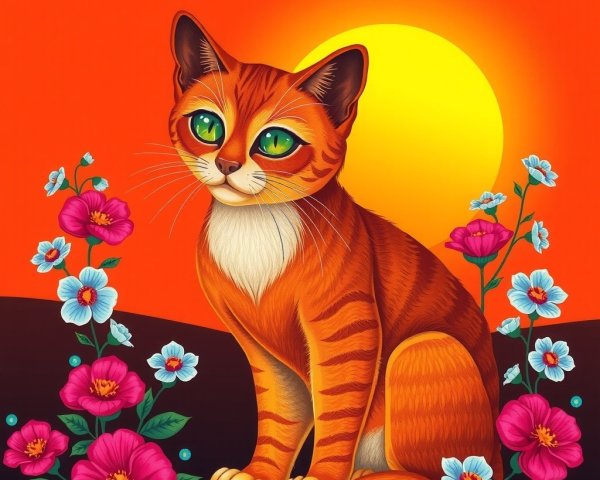 Orange Tabby Cat Amidst Colorful Flowers at Sunset