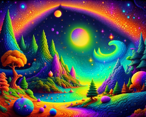 Psychedelic Night Sky with Colorful Moons and Planets