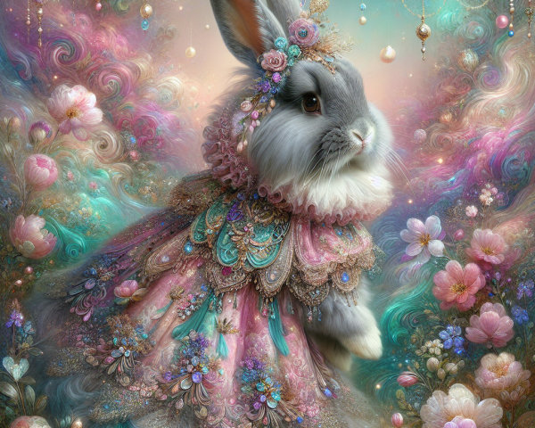 Whimsical Rabbit in Colorful Floral Gown and Crown