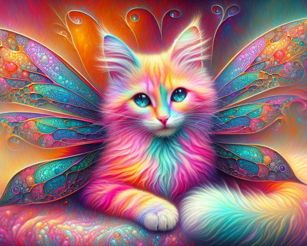 Whimsical Cat with Colorful Fur and Iridescent Wings
