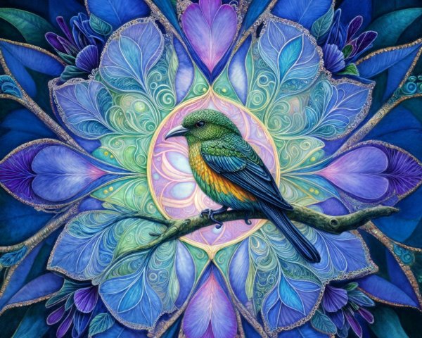 Colorful Bird Among Mandala of Flowers Illustration