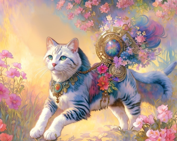 Whimsical Cat in Dreamlike Floral Landscape