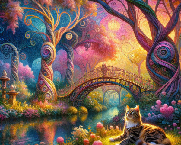 Vibrant Garden Scene with Large Cat and Colorful Flora
