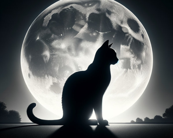Silhouetted Cat Against Full Moon with Trees