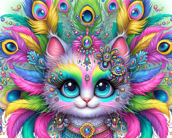 Whimsical Cat Illustration with Peacock Feather Headdress