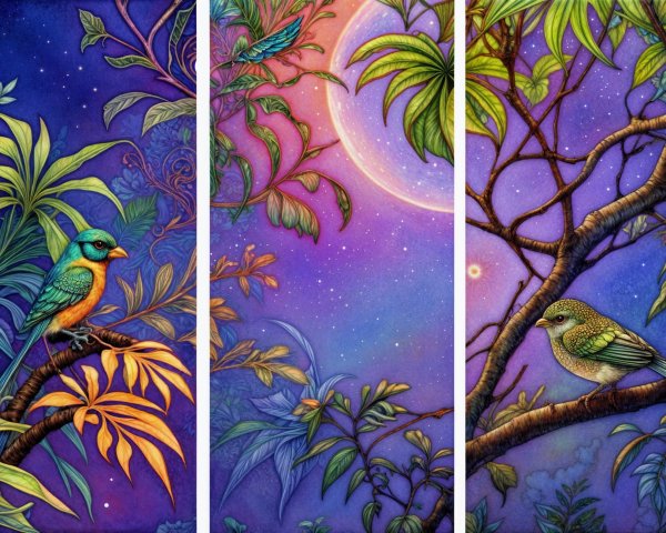 Vibrant Tropical Triptych with Birds and Moonlight