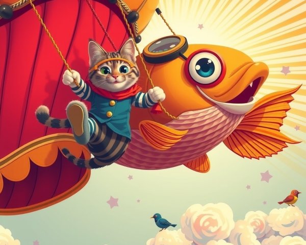 Playful Cat in Blue Outfit in Colorful Hot Air Balloon