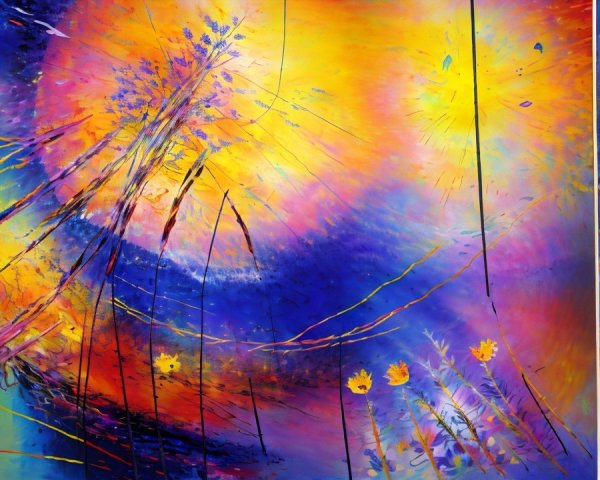 Abstract Composition with Vibrant Colors and Floral Elements