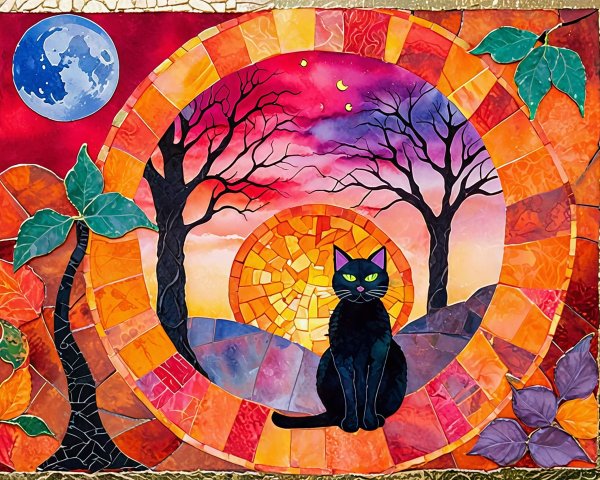 Black Cat Silhouette in Vibrant Mosaic Artwork