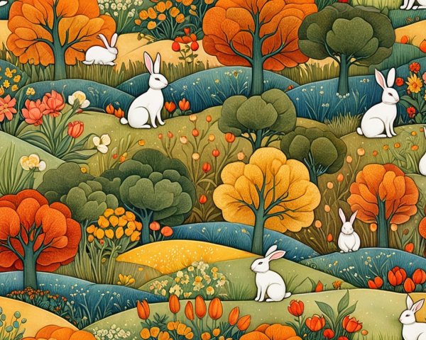Whimsical Autumn Landscape with Rolling Hills and Rabbits