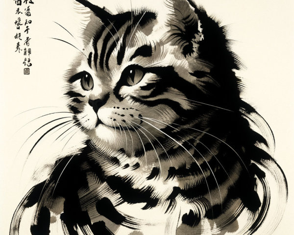 Traditional Japanese Ink Wash Painting of a Tabby Cat
