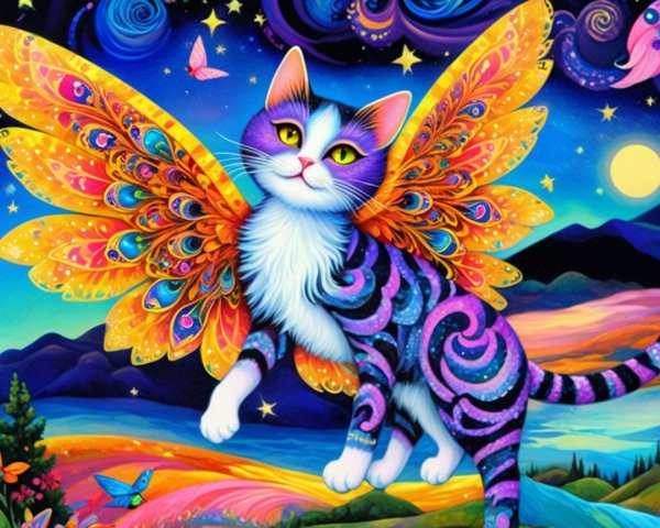Whimsical Cat with Colorful Peacock Wings in Dreamscape