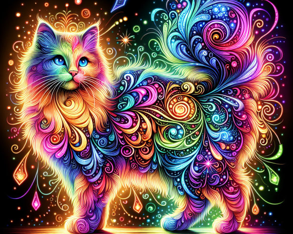 Colorful Cat with Cosmic Patterns Against Dark Background