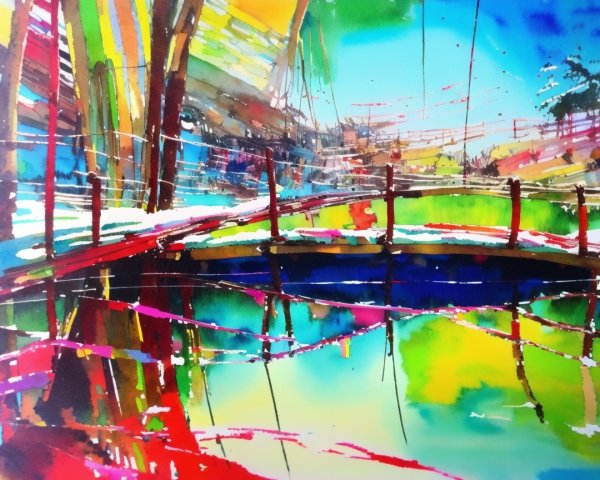 Watercolor Bridge Over a Shimmering Pond Scene