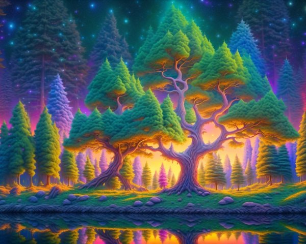 Vibrant Forest Scene with Sunset and Serene Lake