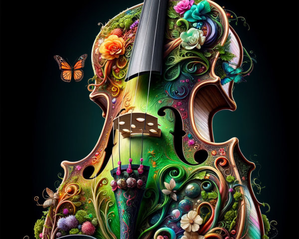 Ornate Violin with Floral Patterns and Butterflies