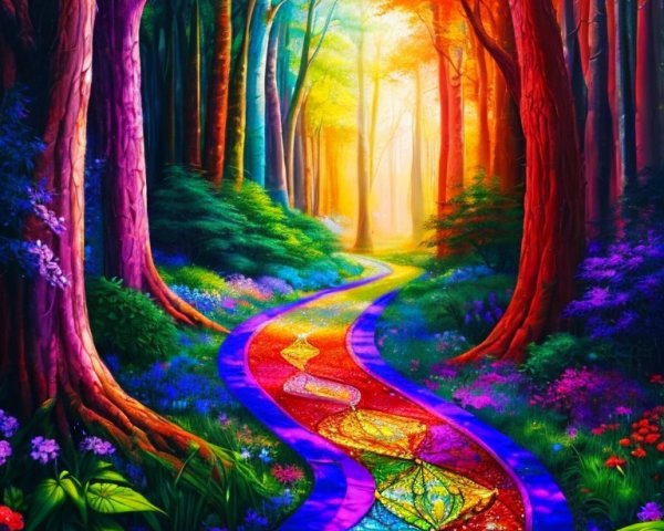 Vibrant Forest Path with Colorful Trees and Flowers