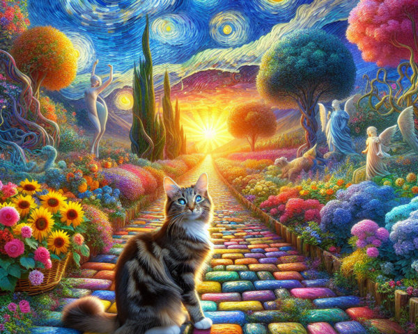 Vibrant Landscape with Colorful Path and Majestic Cat