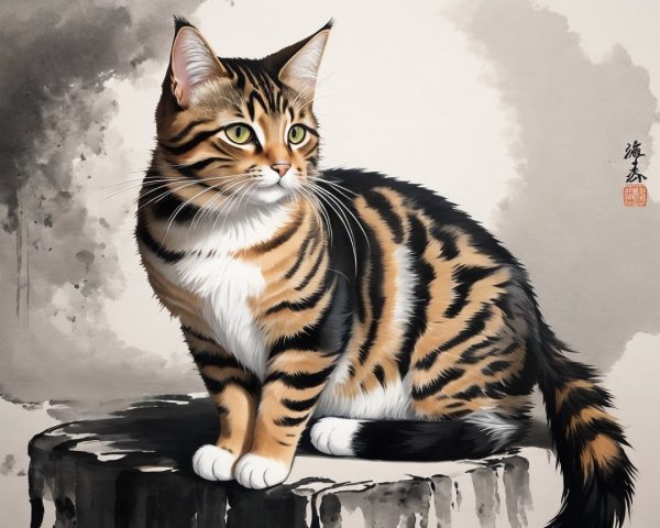Digital and Ink Wash Painting of a Tabby Cat
