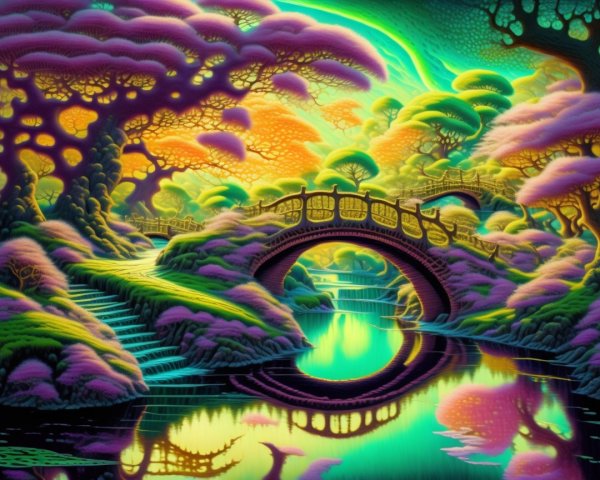 Surreal Landscape with Colorful Trees and Bridge