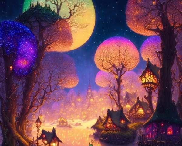 Whimsical Enchanted Landscape with Colorful Trees