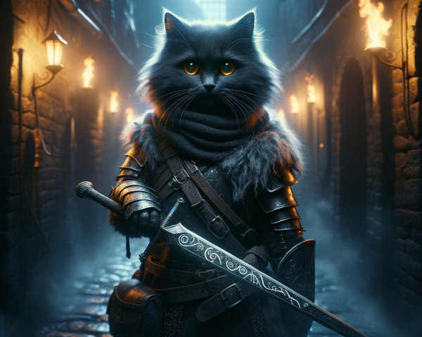 Armored Feline Warrior in Dimly Lit Alley
