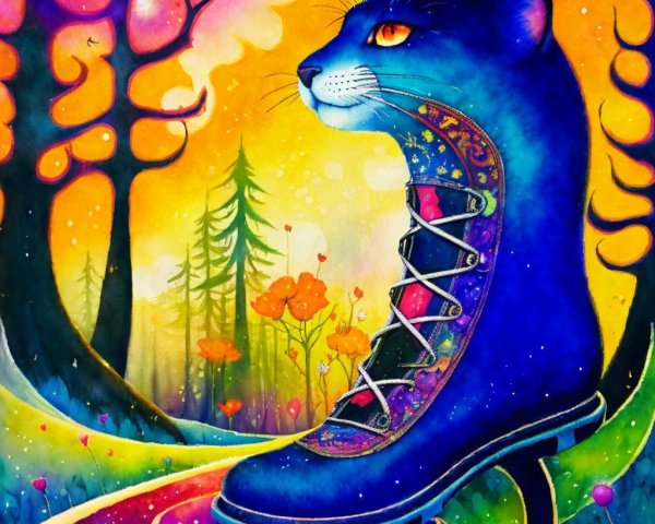 Colorful Illustration of Blue Cat in Hiking Boot