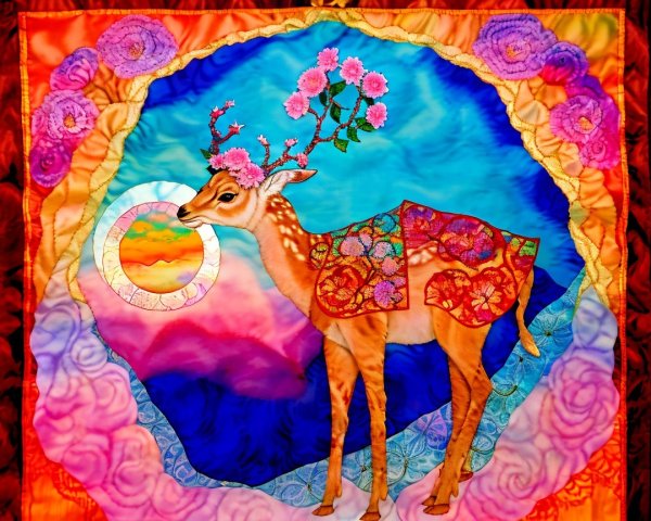 Whimsical Art Quilt of Floral Deer Creature in Landscape