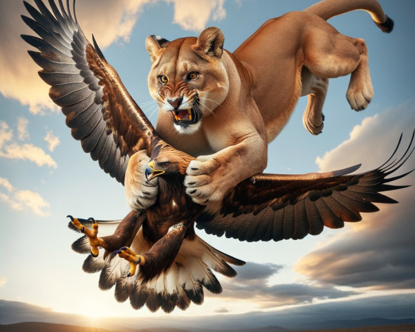 Lioness and Eagle Encounter at Sunset in Open Landscape