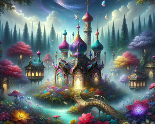 Whimsical Fairy-Tale Landscape with Vibrant Castle