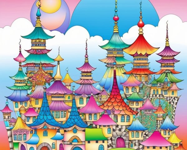 Colorful Village with Multi-Tiered Rooftops and Sky