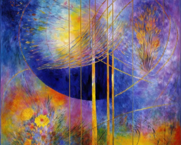 Vibrant Abstract Painting with Blues, Yellows, and Purples