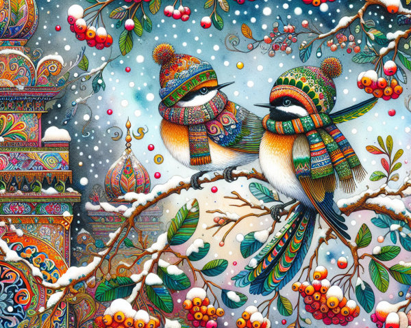 Whimsical Birds on Snowy Branch with Colorful Accents