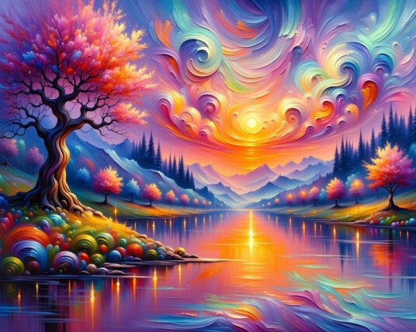 Vibrant landscape with serene river and sunset reflections