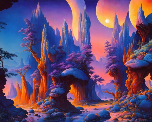 Surreal Landscape with Vibrant Colors and Moons