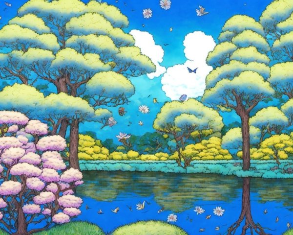 Vibrant Landscape with Serene Lake and Lush Foliage