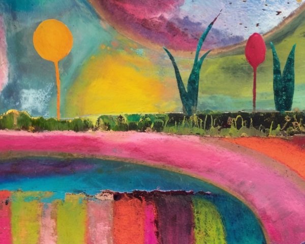 Vibrant Abstract Landscape with Colorful Sky and Suns