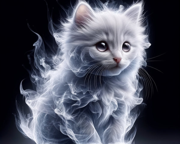 Fluffy White Kitten Surrounded by Ethereal Smoke
