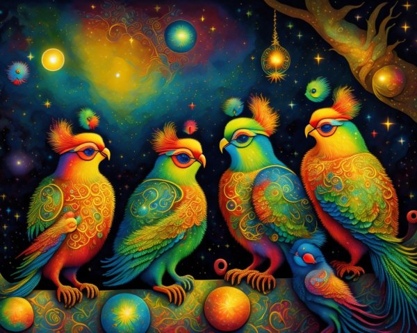 Colorful Birds on Branch in Cosmic Galaxy Scene