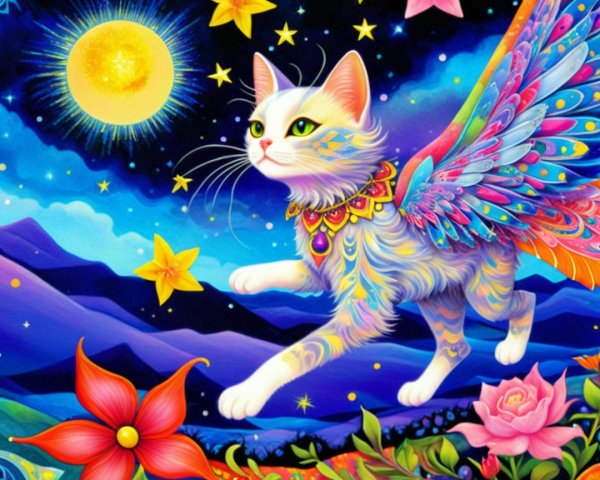White Cat with Colorful Wings in Vibrant Landscape